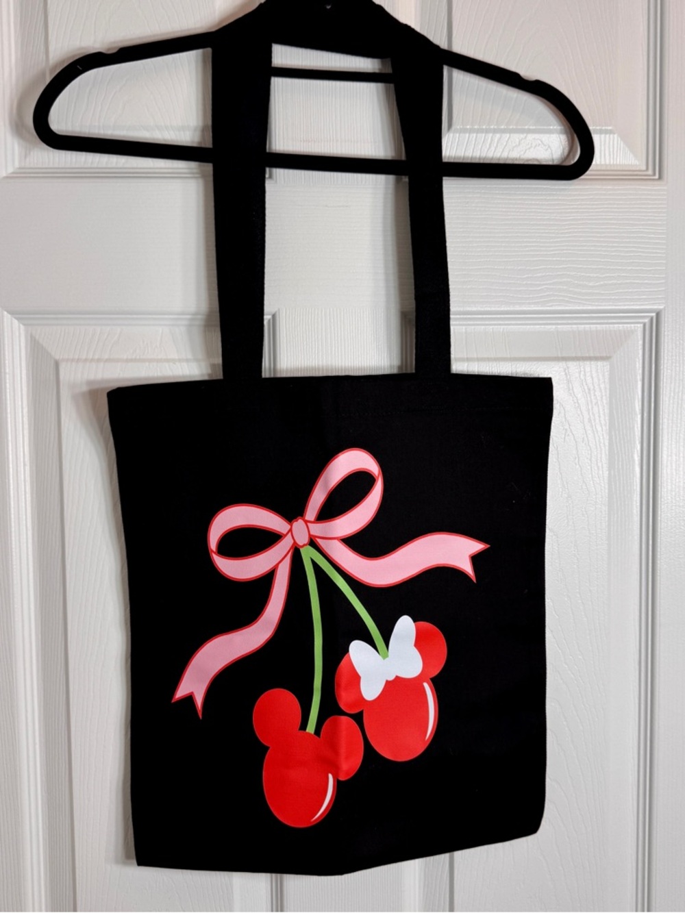 Handmade Cherry Mouse Bow Tote black bag, red fruit and pink bows